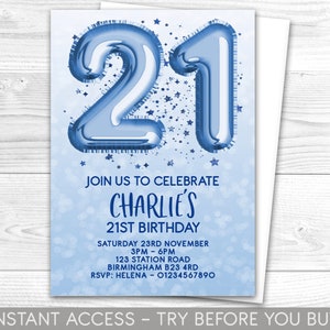 Invitación de cumpleaños número 21 Editable 21a invitación, azul, invitación para hombres, números de globos, para él o ella, descarga instantánea, imprimible