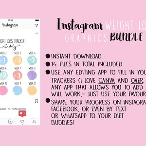 Puede incluir: Una publicaci&oacute;n de Instagram rosa y blanca con el texto "Instagram WEIGHT LOSS GRAPHICS BUNDLE". La publicaci&oacute;n incluye un gr&aacute;fico de un rastreador de p&eacute;rdida de peso con 12 semanas y una descripci&oacute;n del producto. La descripci&oacute;n incluye el texto "INSTANT DOWNLOAD", "14 FILES IN TOTAL INCLUDED", "USE ANY EDITING APP TO FILL IN YOUR TRACKERS", "SHARE YOUR PROGRESS ON INSTAGRAM, FACEBOOK, OR EVEN BY TEXT OR WHATSAPP TO YOUR DIET BUDDIES".