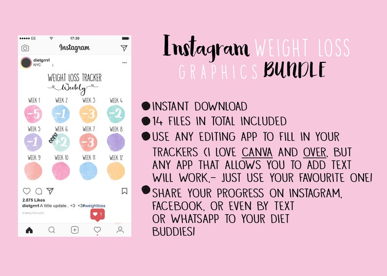 Puede incluir: Una publicaci&oacute;n de Instagram rosa y blanca con el texto "Instagram WEIGHT LOSS GRAPHICS BUNDLE". La publicaci&oacute;n incluye un gr&aacute;fico de un rastreador de p&eacute;rdida de peso con 12 semanas y una descripci&oacute;n del producto. La descripci&oacute;n incluye el texto "INSTANT DOWNLOAD", "14 FILES IN TOTAL INCLUDED", "USE ANY EDITING APP TO FILL IN YOUR TRACKERS", "SHARE YOUR PROGRESS ON INSTAGRAM, FACEBOOK, OR EVEN BY TEXT OR WHATSAPP TO YOUR DIET BUDDIES".