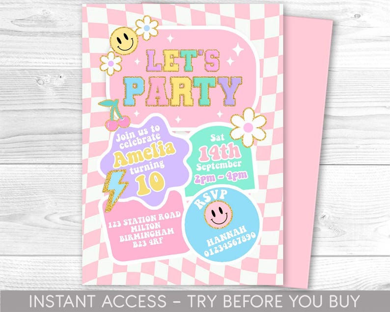 May include: A pink and white checkered birthday party invitation with a rainbow and glitter design. The invitation says "Let's Party" and includes details for Amelia's 10th birthday party on September 14th from 2pm to 4pm. RSVP to Hannah at 01234567890.