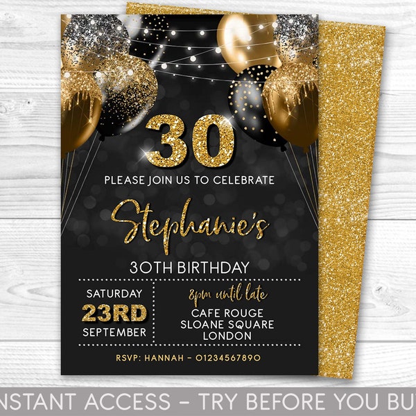 30. Geburtstag Einladung bearbeitbar 30. Invite Schwarz Gold Einladung, Luftballons, für Sie oder Ihn Sofortiger Download Printable, JEDES ALTER