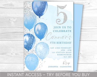 Blue and Silver 5th Birthday Invitation, Editable Party Invite, Fifth Birthday, Age 5, Balloons, Baby Instant Download, Printable, ANY AGE