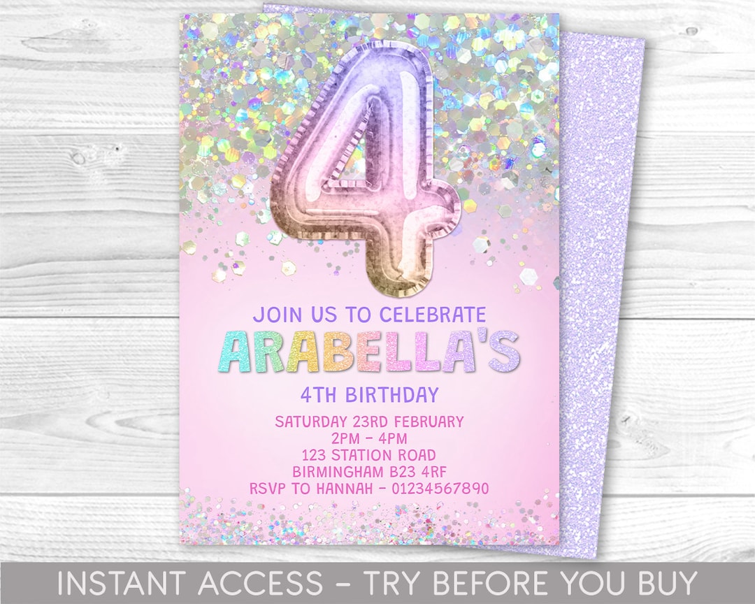 Editable 4th Birthday Invitation Template Rainbow Glitter Birthday ...
