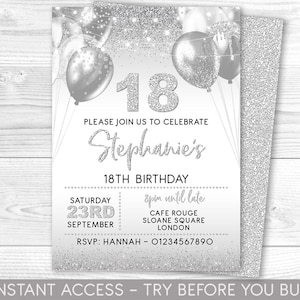 18th Birthday Invitation Editable 18th Invite White Silver Invitation, All White Party, Glitter, Instant Download Printable, ANY AGE