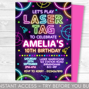 Editable Laser Tag Birthday invitation - Laser Tag Game Party invite - Neon Glow Laser Tag Battle - Instant download template digital  Corjl