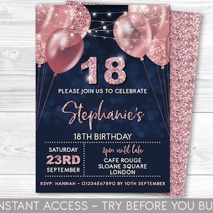 18th Birthday Invitation Editable 18th Invite Navy Rose Gold Invitation, Balloons, For Him or Her Instant Download Printable, ANY AGE