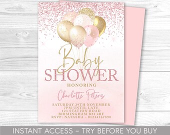Pink and Gold Baby Shower Invitation, Editable Party Invite, Pink and Gold Invitation, Balloons, Instant Download, Printable, Baby Party