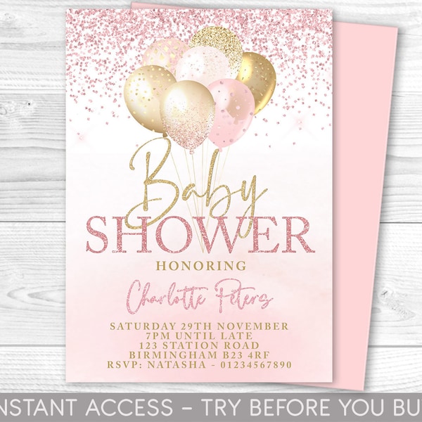 Pink and Gold Baby Shower Invitation, Editable Party Invite, Pink and Gold Invitation, Balloons, Instant Download, Printable, Baby Party