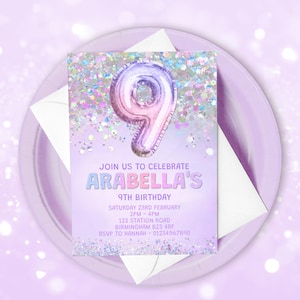 Bearbeitbare 9. Geburtstagseinladung Vorlage Regenbogen Flieder Glitzer Geburtstag einladen Folie Pastell Lila Mädchen 9