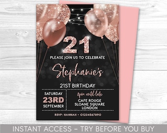 21e verjaardagsuitnodiging bewerkbare 21e uitnodiging Rose Gold uitnodiging, ballonnen, voor hem of haar Instant Download afdrukbaar, ELKE LEEFTIJD