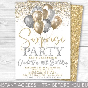 Gold and Silver Surprise Birthday Invitation, Editable Party Invite, Silver Gold Invitation, Balloons, Instant Download, Printable, ANY AGE