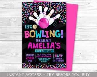 May include: A pink and blue bowling-themed birthday party invitation with gold glitter accents. The invitation features a bowling ball and pins, along with the text "Let's Go Bowling!" and "Amelia's 8th Birthday!" The invitation also includes the date, time, and location of the party, as well as an RSVP phone number.