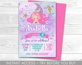 Meerjungfrau-Einladung, personalisiert, Printable, Digital File, Mermaid Invite, Pool-Party-Einladung, Schwimmen, Regenbogen, magisch, Instant Access