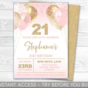 21st Birthday Invitation Editable 21st  Invite, Pink and Gold Invitation, Balloons, For  Her, Instant Download, Printable, ANY AGE
