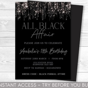 All Black Party Invitation, All Black Affair Invitation, Modern Birthday Invite, Editable Print at Home, Digital Invite, Black Tie ANY AGE