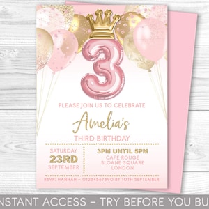 3rd Birthday Invitation, Pink Princess Crown Birthday Invite, Princess Party, Printable, Digital File, Pastel Pink, Balloon Numbers
