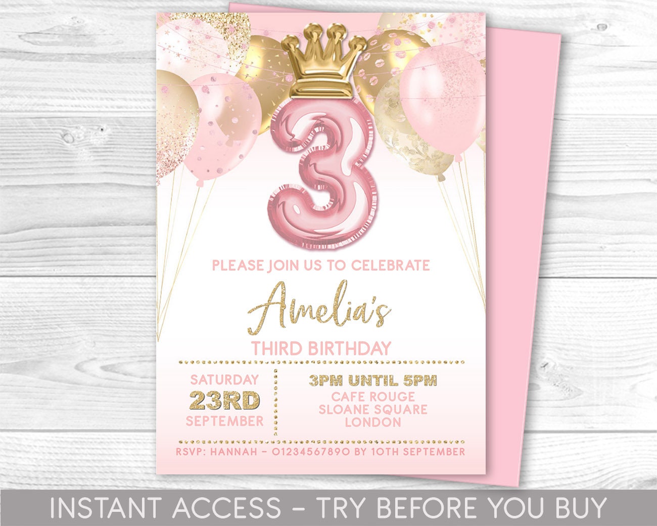 3rd Birthday Invitation, Pink Princess Crown Birthday Invite