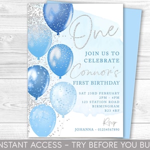 Blue and Silver First Birthday Invitation, Editable Party Invite, Blue  Silver Invitation, Balloons, Instant Download, Printable, ANY AGE