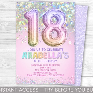 Editable 18th Birthday Invitation Template Rainbow Glitter Birthday Invite Foil Pastel Girl sweet 18th Birthday Download Digital Printable