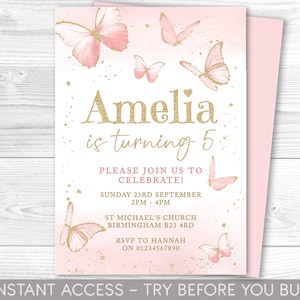 Convite de aniversário de borboleta, convite de festa editável, convite rosa e dourado, borboletas, meninas, download instantâneo, para impressão, QUALQUER IDADE