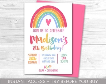 May include: A pink and white birthday invitation with a rainbow and a heart. The text reads "Join us to celebrate Madison's 8th Birthday!"  Saturday, 28th February, 1:30PM until 3:30PM. 123 Rainbow Road, Colour Town, Happyland 12345. RSVP: Gillian - 01234567890.