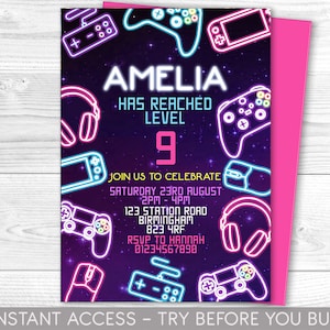 Bearbeitbare Gamer Girl Geburtstagseinladung - Video Game Party einladen - Gaming Game On - Videospiel - Sofortiger Download Vorlage digitaler Corjl