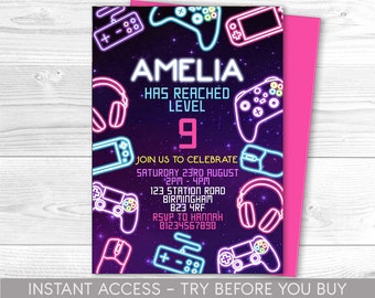 Editable Gamer Girl Birthday invitation - Video Game Party invite - Gaming Game On - Videogame - Instant download template digital  Corjl