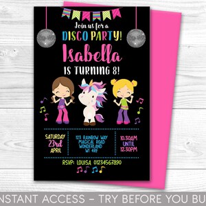 Unicorn Disco Party Invitation, Personalised, Printable, Digital File, Unicorn Invite, Party Invitation, Dance Party, Instant Access