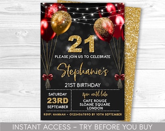 21st Birthday Invitation Editable 21st Invite Red Black Gold Invitation, Balloons, For Him or Her Instant Download Printable, ANY AGE