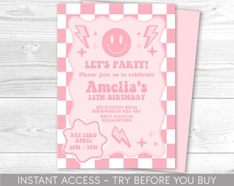 Editable Preppy Let's Celebrate Smile Face Birthday Invitation Template, Party Invite, Checkered  Invite, Kid Teen Girls Blush Pink ANY AGE