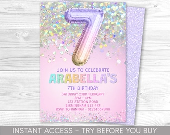 Modèle d’invitation modifiable pour le 7e anniversaire Rainbow Glitter Birthday Invite Foil Pastel Girls 7th Birthday Télécharger numérique imprimable