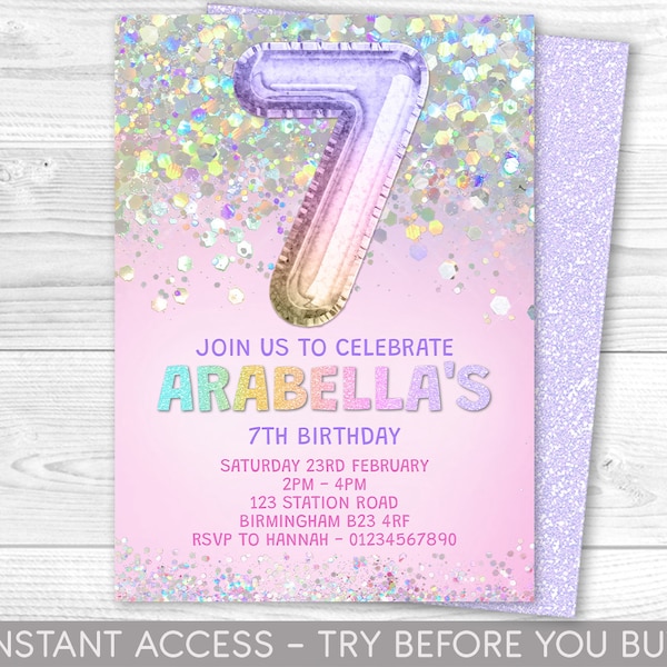 Editable 7th Birthday Invitation Template Rainbow Glitter Birthday Invite Foil Pastel Girls 7th Birthday Download Digital Printable