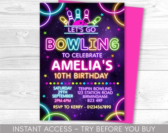 May include: Neon pink, blue, and yellow bowling themed birthday party invitation with a black background and stars. The invitation says "Let's Go Bowling to Celebrate Amelia's 10th Birthday". It includes the date, time, location, and RSVP information.