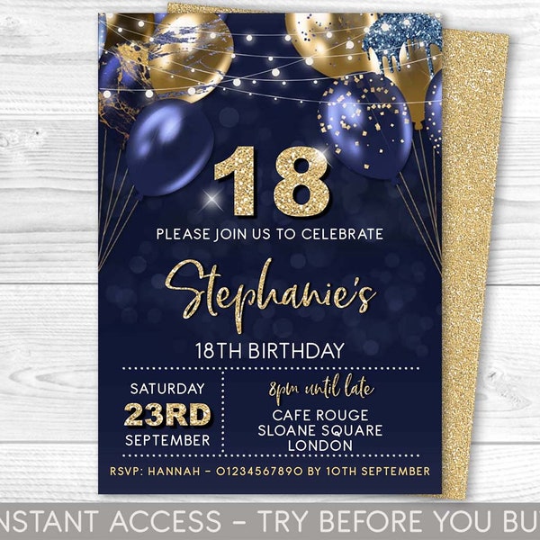 18th Birthday Invitation Editable 18th Invite Navy Gold Invitation, Balloons, For Him or Her Instant Download Printable, ANY AGE