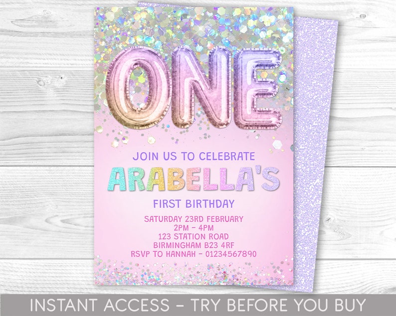 Editable 1st Birthday Invitation Template Rainbow Glitter - Etsy Australia