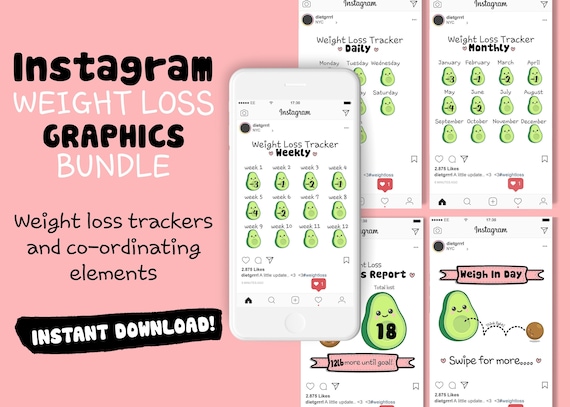 Instagram Weight Loss Tracker, Cute, Kawaii, Avocado, Diet Chart, Weightloss Tracker, Monthly, Weekly, Planner, Editable, Instant download