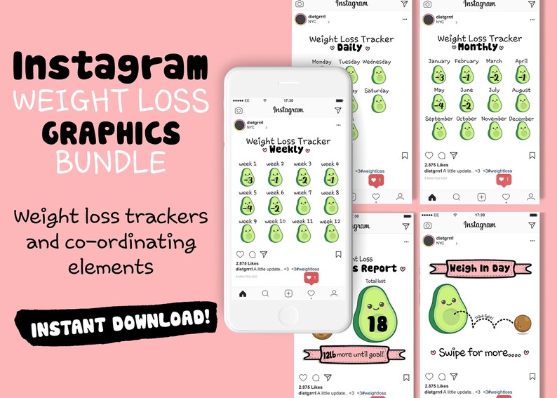 Op de afbeelding: Een set van vier Instagram-posttemplates met avocado-illustraties en tekst met betrekking tot het bijhouden van gewichtsverlies. De templates bevatten dagelijkse, wekelijkse, maandelijkse en weeg-dag trackers.