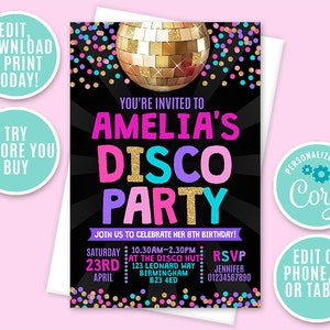 Disco-Party-Einladung, personalisiert, druckbar, digitale Datei, Tanz-Party einladen, Party-Einladung, Disco-Party, Sofortiger Zugriff