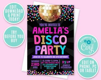 Uitnodiging voor discofeest, gepersonaliseerd, afdrukbaar, digitaal bestand, dansfeestuitnodiging, uitnodiging voor feest, discofeest, directe toegang
