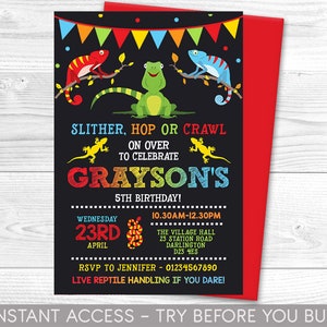 Reptile Birthday Party Invitation, Digital Printable Electronic Invite, Editable, Animal Handling Party, snake creepy crawly Party Invite