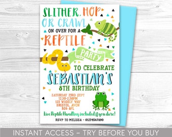 May include: A colorful invitation for a reptile themed party for Sebastian's 8th birthday. The invitation features a green chameleon, a yellow snake, and a green frog. The text on the invitation reads "Slither, Hop or Crawl on over for a Reptile Party to Celebrate Sebastian's 8th Birthday".