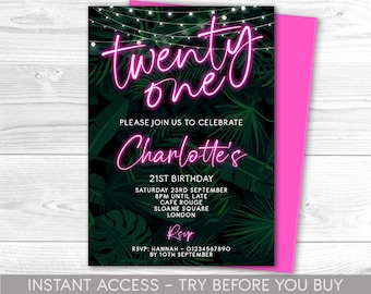 21st Birthday Invitation Editable 21st Invite pink neon black Invitation, Balloons, For Him or Her Instant Download Printable, ANY AGE