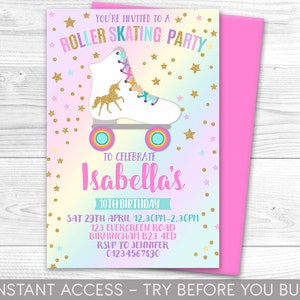 Unicorn Roller Skating Invitation, Personalised, Printable, Digital File, Unicorn Invite, Party Invitation, Roller Disco, Instant Access