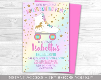 Unicorn Roller Skating Invitation, Personalised, Printable, Digital File, Unicorn Invite, Party Invitation, Roller Disco, Instant Access