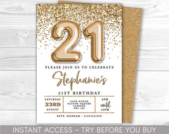 21st Birthday Invitation Editable 21st  Invite, White & Gold Invitation, Balloon Numbers, For Him or Her, Instant Download, Printable