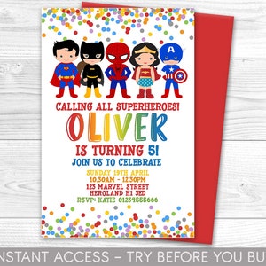 Superhero Invitation, Personalised Invite, Printable, Digital File, superheroes Party, Instant Access