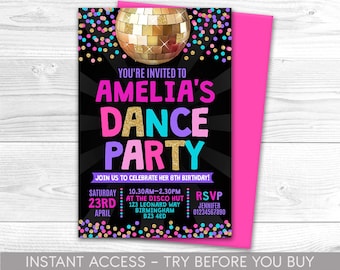 Uitnodiging voor dansfeest, gepersonaliseerd, afdrukbaar, digitaal bestand, dansfeestuitnodiging, uitnodiging voor feest, discofeest, directe toegang
