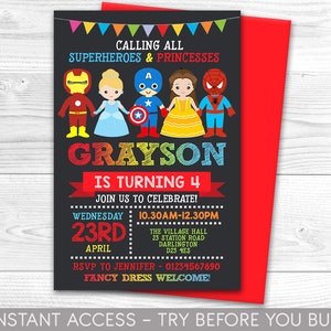 Superhero Princess Invitation, Personalised Invite, Printable, Digital File, superheroes Princesses  Party, Spiderman, Instant Access