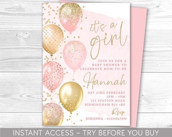 Puede incluir: Invitación a baby shower rosa y dorada con globos y confeti. ¡Es una niña! Únase a nosotros para una baby shower para celebrar a la futura mamá Hannah. Sáb 23 de febrero 14:00-16:00 123 Station Road Birmingham B23 4RF RSVP Johanna - 01234567890