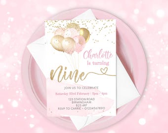 May include: Pink and gold birthday invitation with balloons and confetti. The invitation says "Charlotte is turning Nine" and includes the date, time, address, and RSVP information.